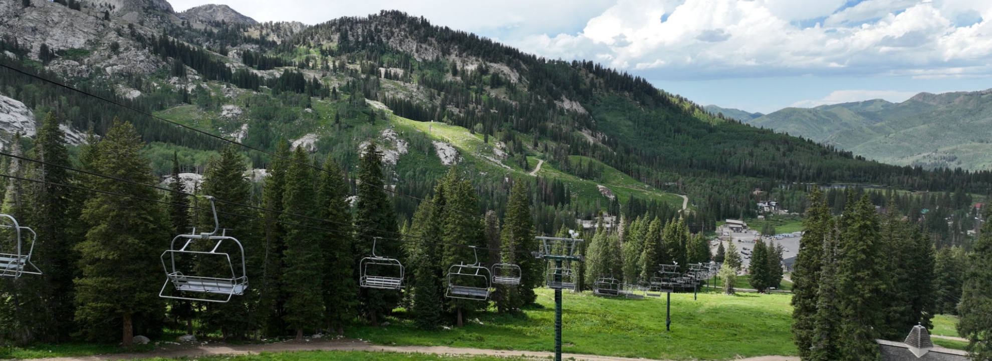 Scenic drone shot of Brighton Resort in Big Cottonwood Canyon in the Summer 